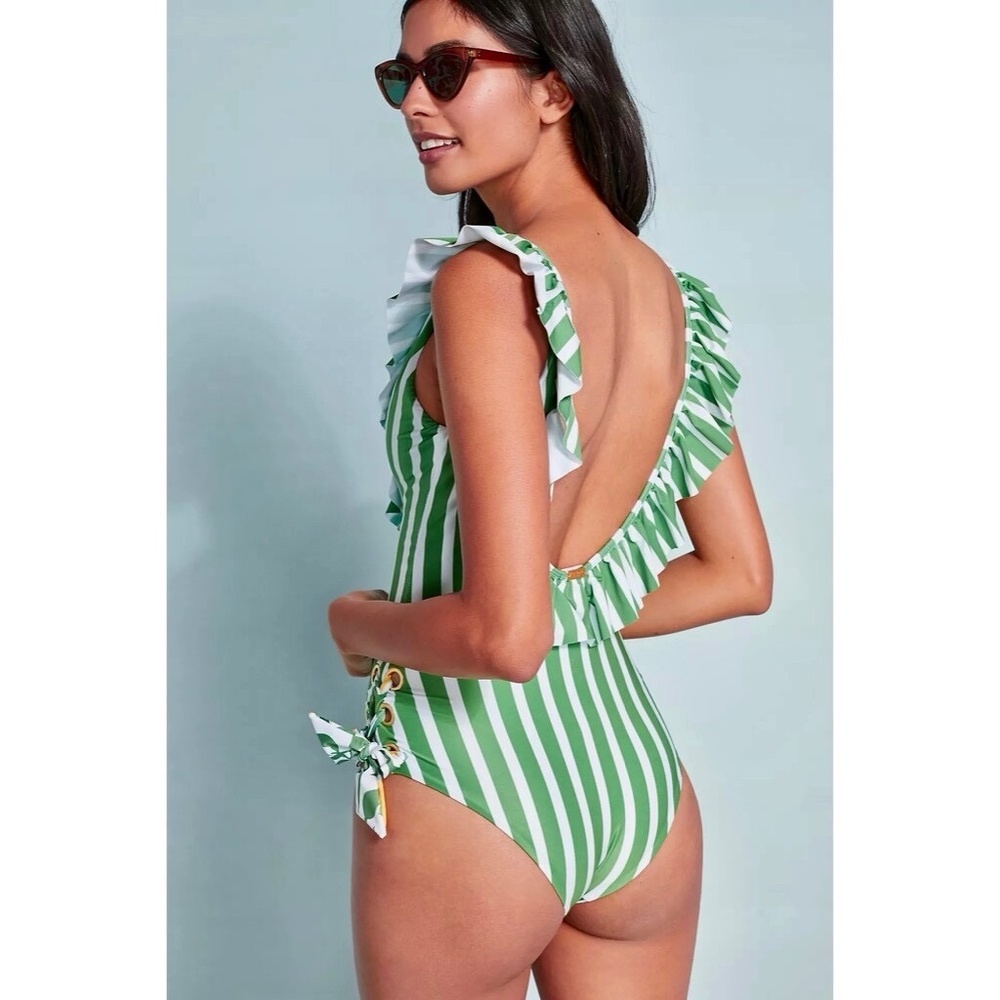 Anthropologie Green and White Striped Ruffle One-Piece Swim - Picture 7 of 13